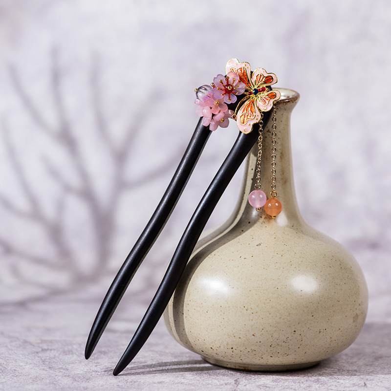 黒檀 U字かんざし 天然木 簪 蝶々 花飾り 成人式 髪飾り まとめ髪 和風 着物  