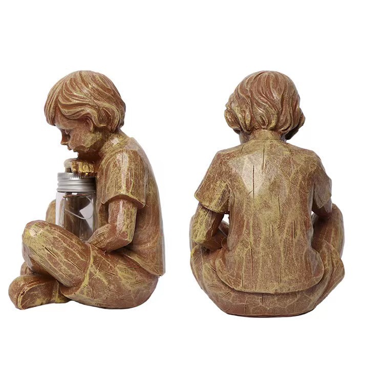 神童ボーイ像 置物 LED内蔵 樹脂製 癒し 和風 光の守護童 庭園飾り 室内アンビエントライト