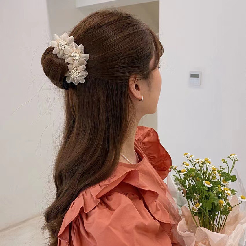 ヘアツイストクリップ レディース ネットフラワー  ヘアクリップ    お団子  ヘアアクセサリー  おしゃれ ファッション 