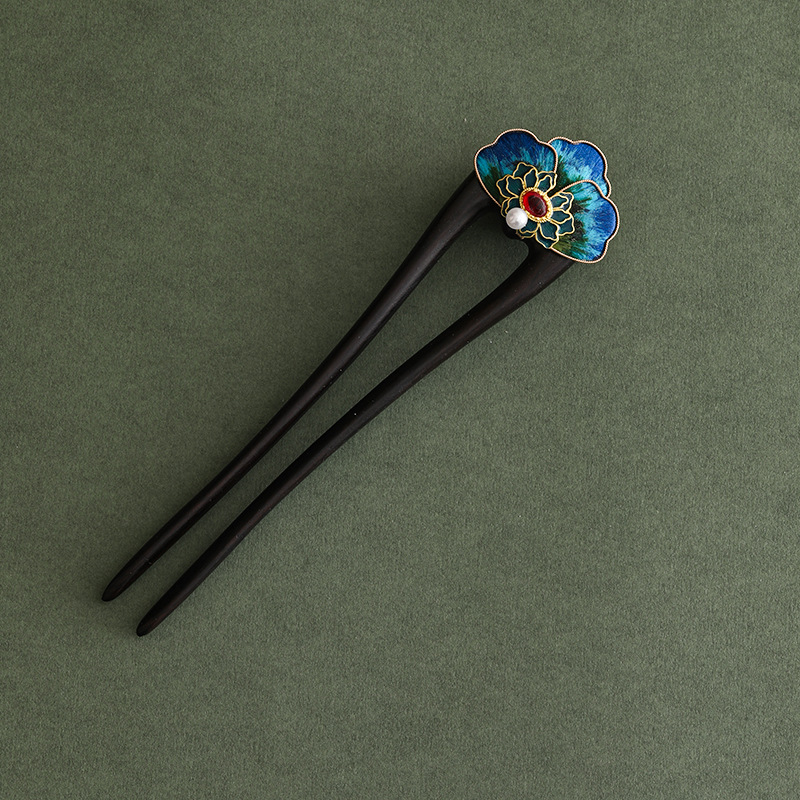 檀木 かんざし 天然木 黒檀簪 U字型 ベルベットフラワー 普段使い 成人式 留袖用 結婚式 ヘアピン