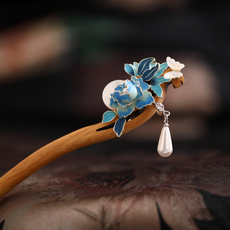 緑檀 かんざし 天然木 簪 一本差し 牡丹かんざし パール 髪飾り 女性用 和風 花柄 普段使い 結婚式 成人式 留袖式