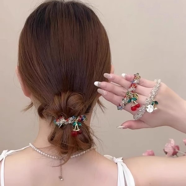 ヘアゴム カラフル ラインストーン チェリー サクランボ レディース ヘアアクセサリー かわいい おしゃれ 