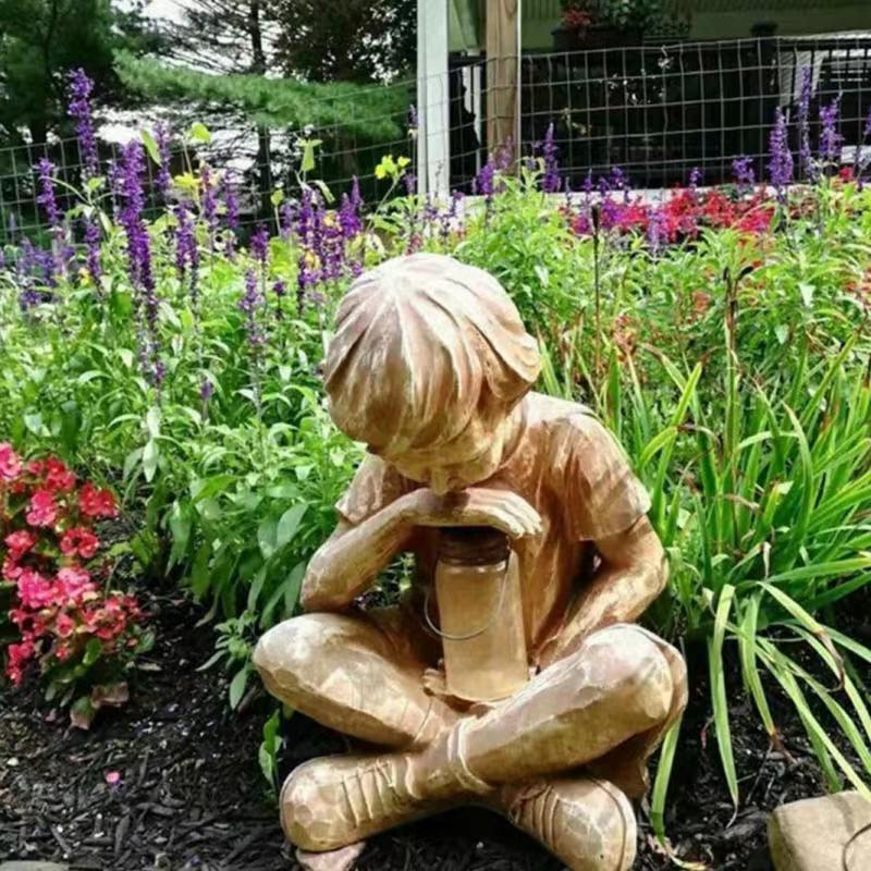 神童ボーイ像 置物 LED内蔵 樹脂製 癒し 和風 光の守護童 庭園飾り 室内アンビエントライト