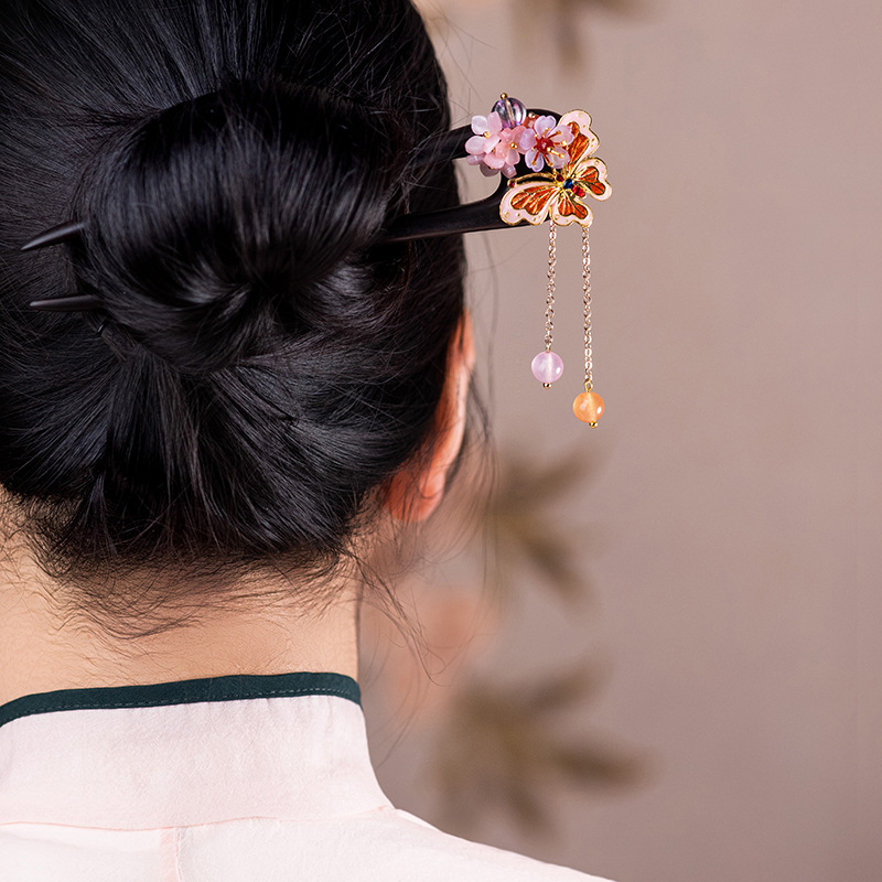 黒檀 U字かんざし 天然木 簪 蝶々 花飾り 成人式 髪飾り まとめ髪 和風 着物  