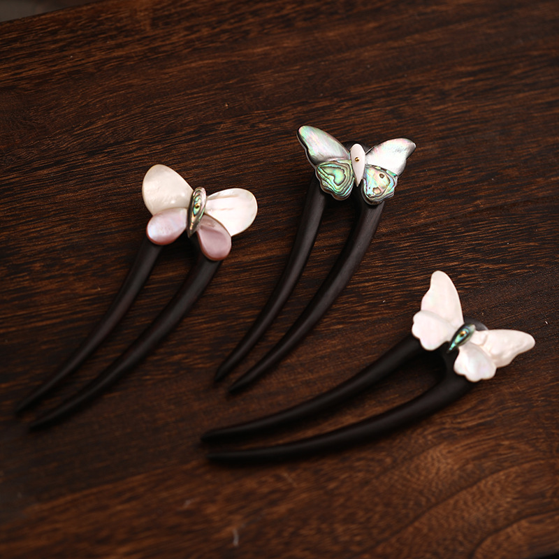 かんざし 簪 U字型 檀木  貝殻の蝶 レディース 和装小物 普段使い 和風