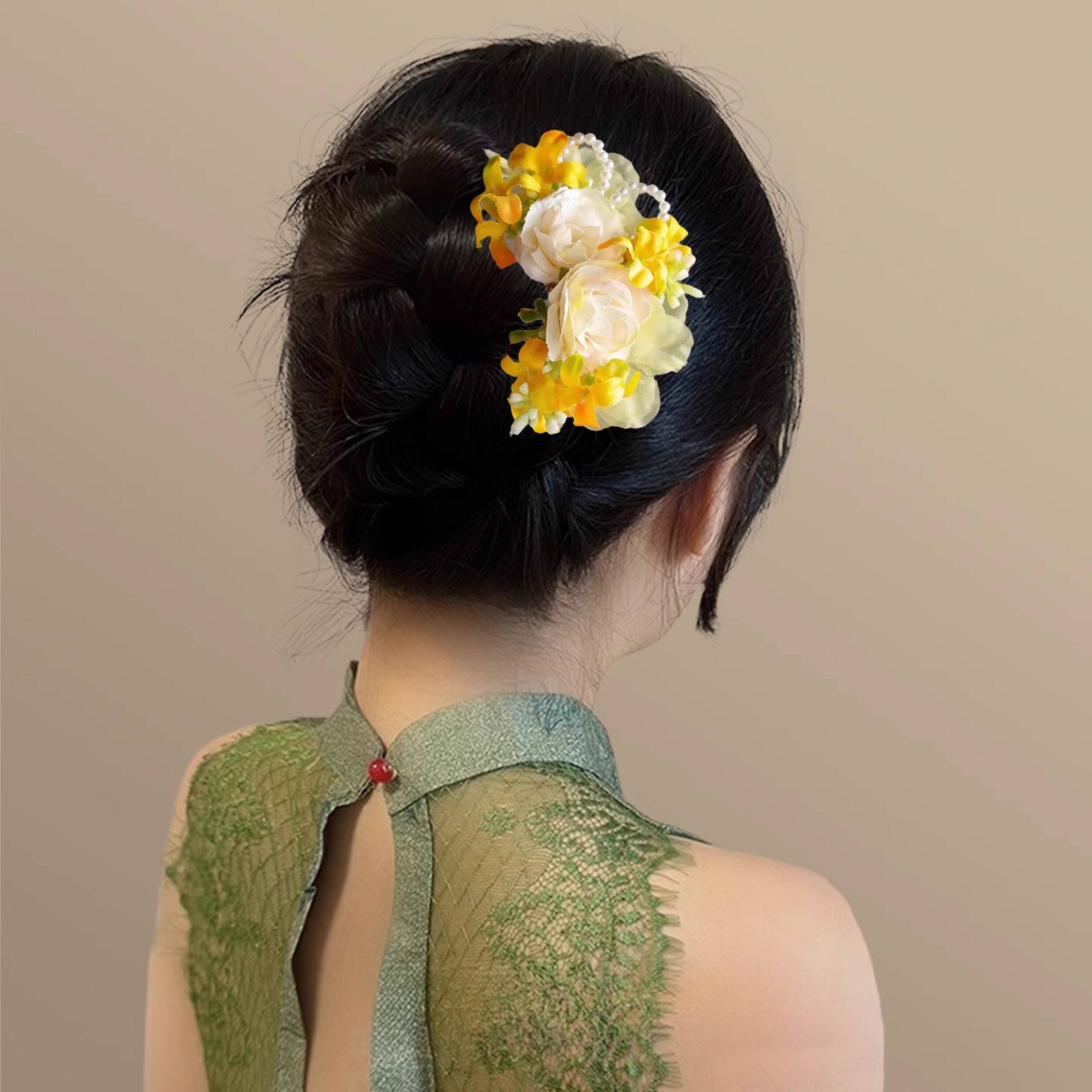 髪飾り 造花  かんざし ヘアコーム  簪 イエロー ホワイト パール 花ピン ヘアピン 髪飾り 振袖 和装 結婚式