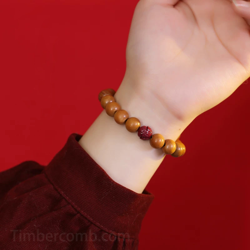 桃の木 ブレスレット 天然木 10mm 朱砂 お守り 蓮の花 数珠ブレスレット ナチュラル メンズ レディース