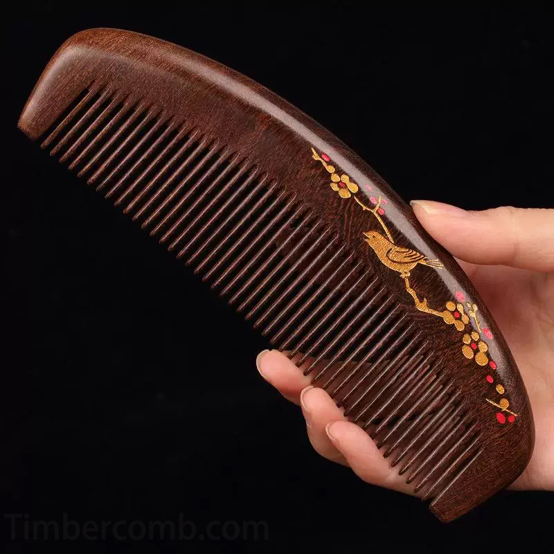 檀木櫛 天然木 木の櫛 カササギと梅花 お守り 静電気防止 ヘアコーム 頭皮マッサージ メンズレディース