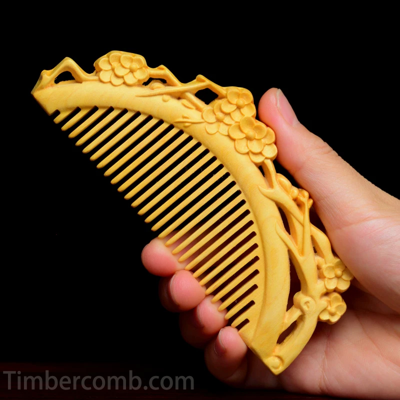 つげ櫛 本つげ 木製櫛 両面彫刻 梅の花 静電気防止 美髪 頭皮マッサージ メンズレディース