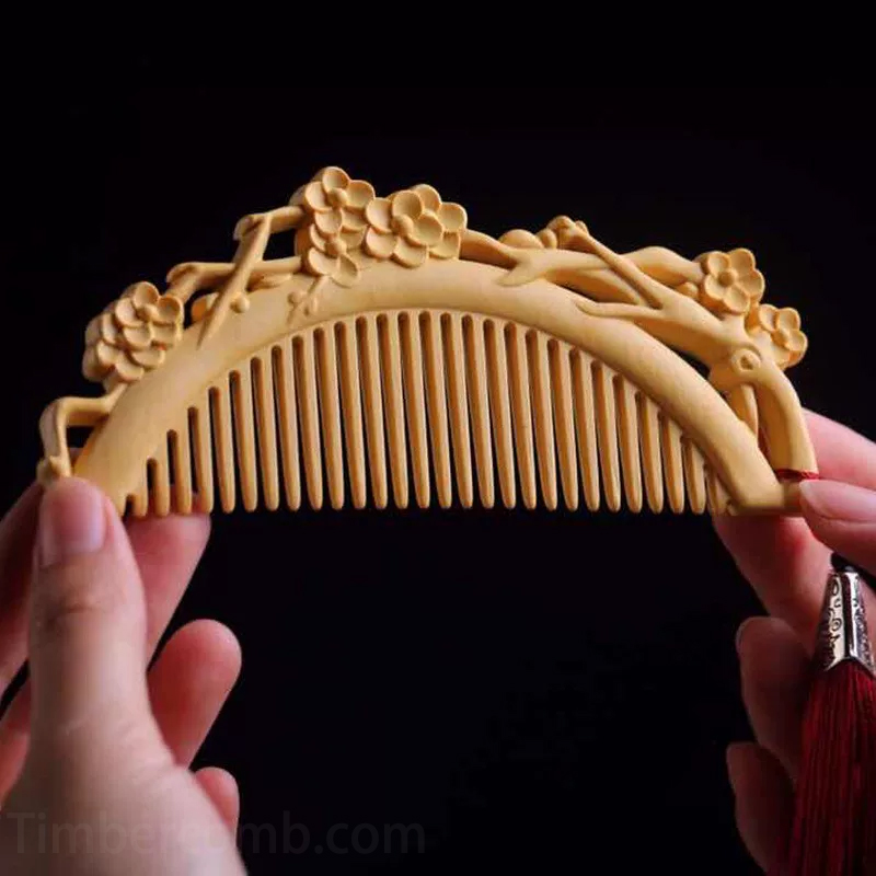 つげ櫛 本つげ 木製櫛 両面彫刻 梅の花 静電気防止 美髪 頭皮マッサージ メンズレディース