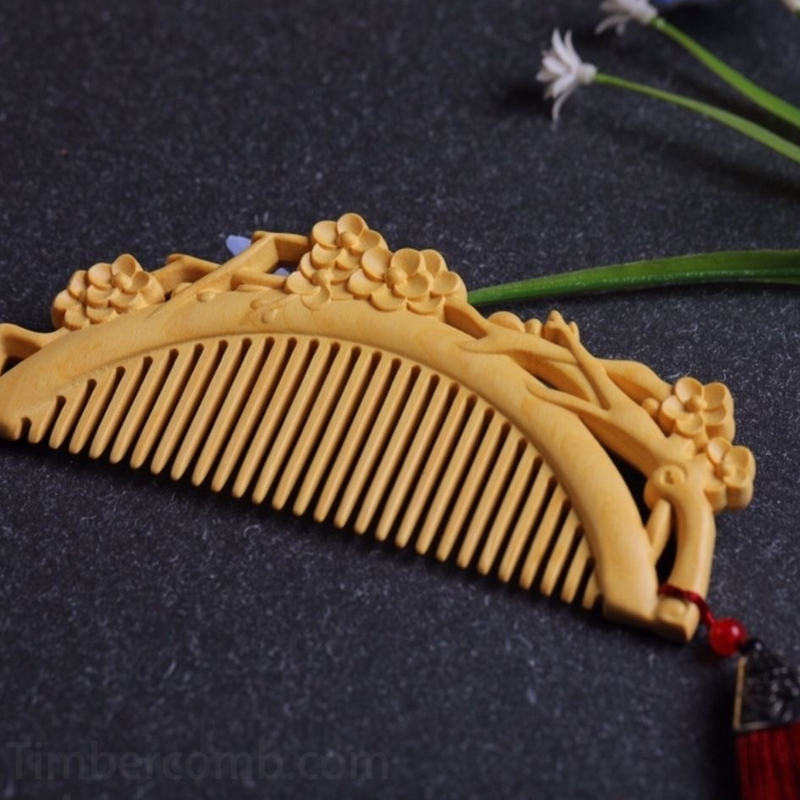 つげ櫛 本つげ 木製櫛 両面彫刻 梅の花 静電気防止 美髪 頭皮マッサージ メンズレディース
