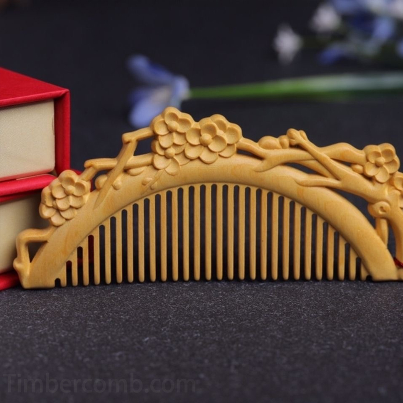 つげ櫛 本つげ 木製櫛 両面彫刻 梅の花 静電気防止 美髪 頭皮マッサージ メンズレディース