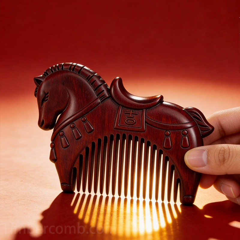 紫檀木 くし ヘアブラシ 木製櫛 十二支 午/馬 お守り 静電気防止 美髪 頭皮マッサージ レディース  