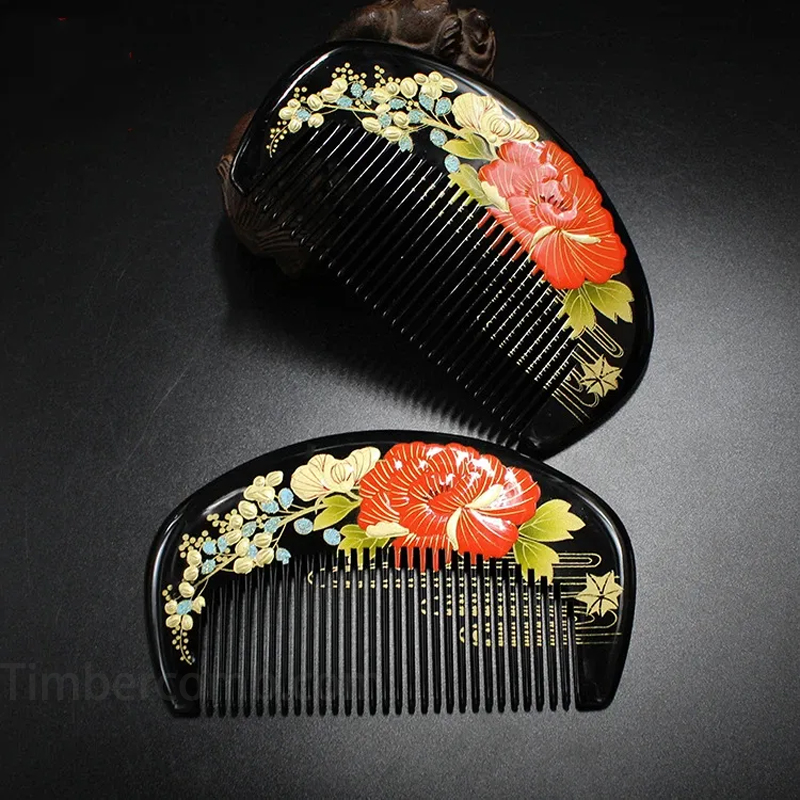 つげ櫛 本つげ 木の櫛 牡丹蒔絵 半月 花櫛 漆絵 静電気防止 お守り 頭皮マッサージ コーム 天然木