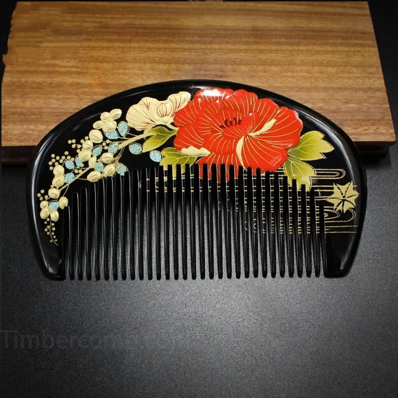 つげ櫛 本つげ 木の櫛 牡丹蒔絵 半月 花櫛 漆絵 静電気防止