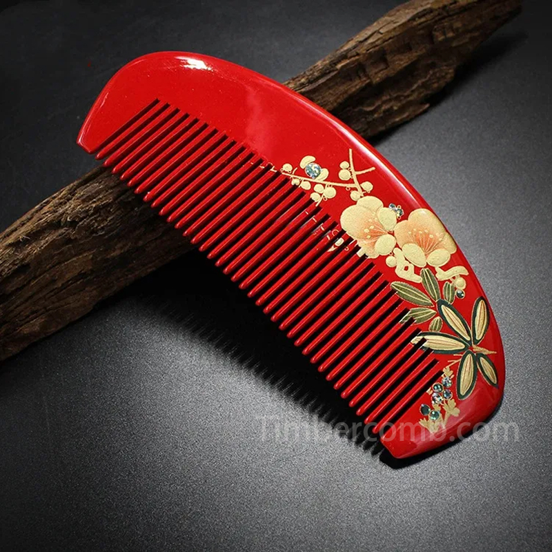 つげ櫛 ヘアコーム 木製櫛 桃の花蒔絵 静電気防止 美髪 頭皮マッサージ