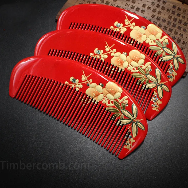 つげ櫛 桃の花蒔絵 コーム 花櫛 本つげ 塗り櫛 朱