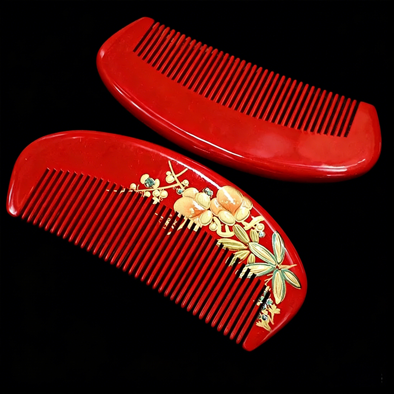 つげ櫛 桃の花蒔絵 コーム 花櫛 本つげ 塗り櫛 朱