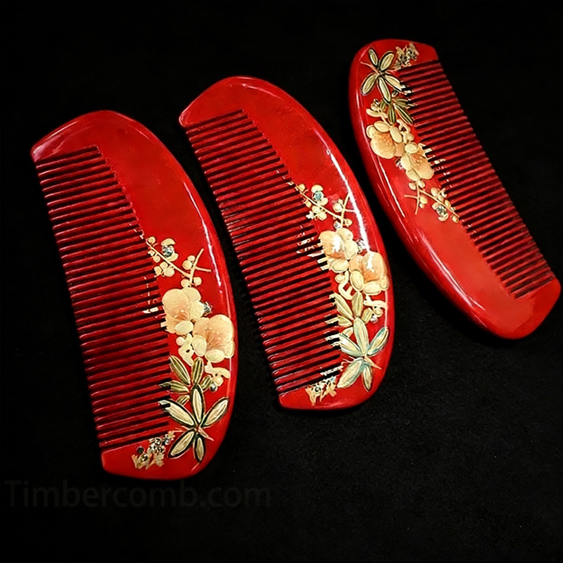 つげ櫛 桃の花蒔絵 コーム 花櫛 本つげ 塗り櫛 朱