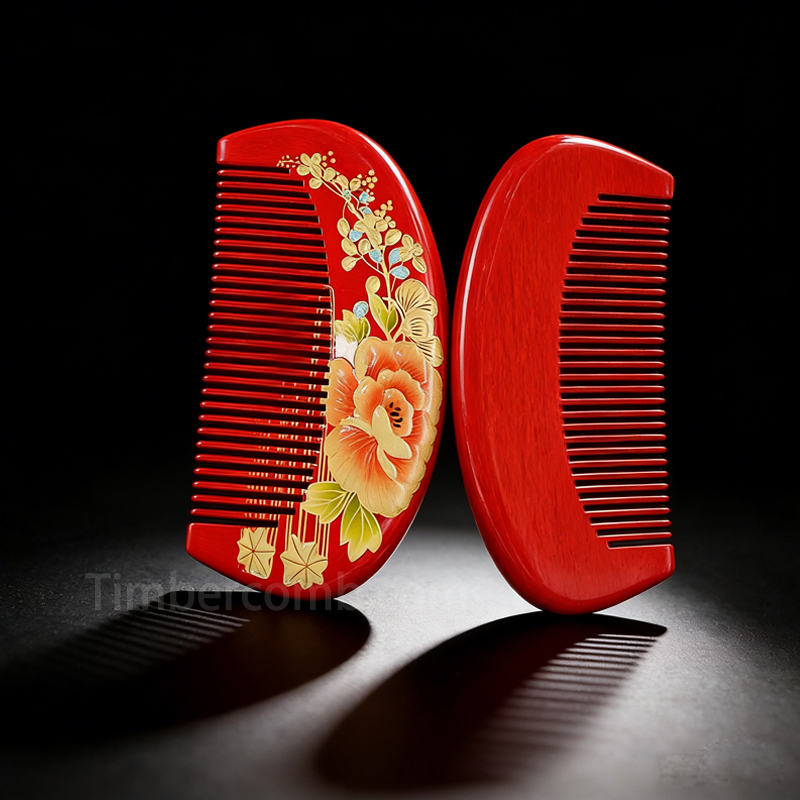 つげ櫛 本つげ  木の櫛 牡丹蒔絵 半月 花櫛 漆絵 静電気防止 頭皮マッサージ 抜け毛防止 ヘアブラシ 朱