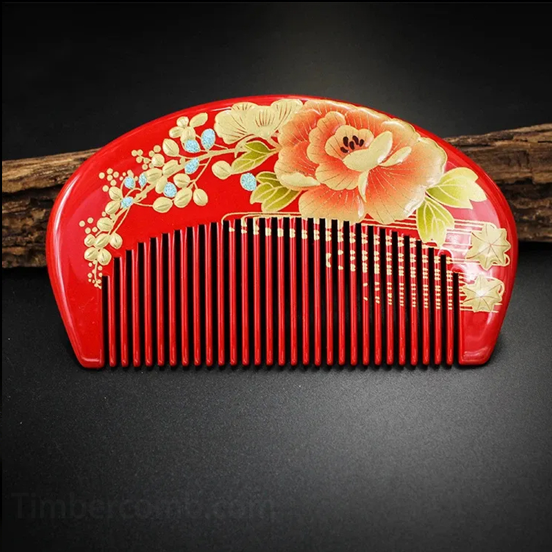 つげ櫛 本つげ  木の櫛 牡丹蒔絵 半月 花櫛 漆絵 静電気防止 頭皮マッサージ 抜け毛防止 ヘアブラシ 朱