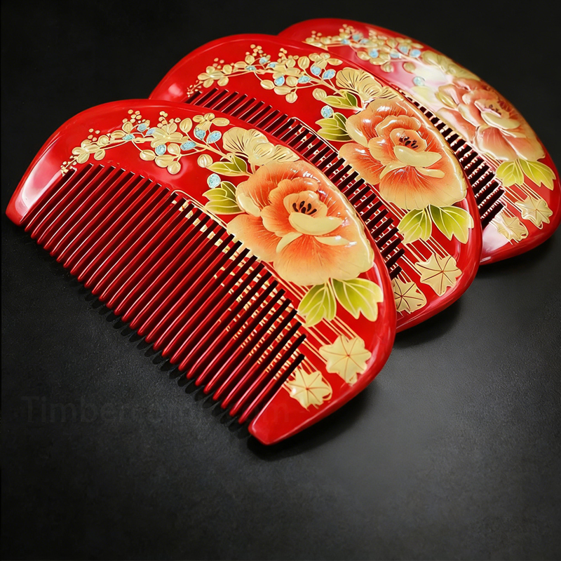つげ櫛 本つげ  木の櫛 牡丹蒔絵 半月 花櫛 漆絵 静電気防止 頭皮マッサージ 抜け毛防止 ヘアブラシ 朱