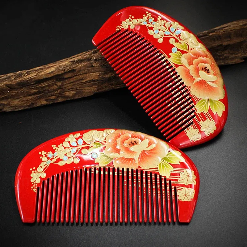 つげ櫛 本つげ  木の櫛 牡丹蒔絵 半月 花櫛 漆絵 静電気防止 頭皮マッサージ 抜け毛防止 ヘアブラシ 朱