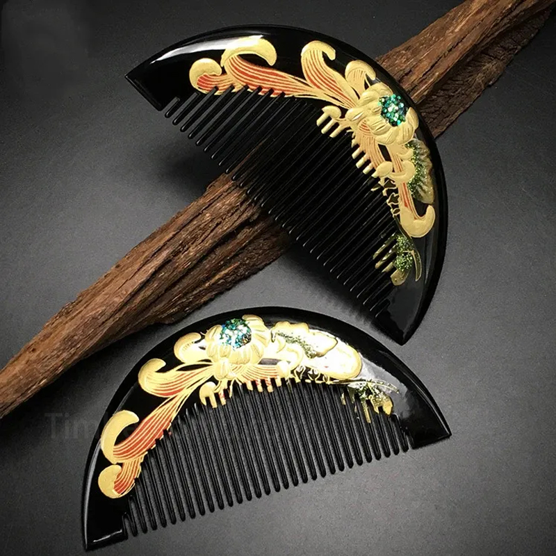 つげ櫛 コーム 木製櫛 菊蒔絵 花櫛 静電気防止 ヘアブラシ 頭皮マッサージ 塗り櫛  コンパクト 黑