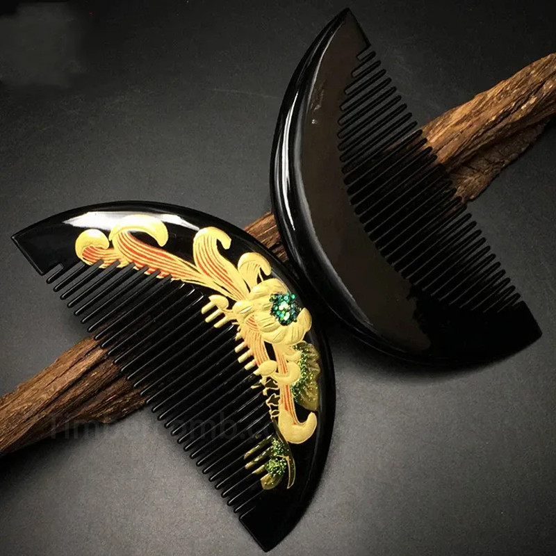 つげ櫛 コーム 木製櫛 菊蒔絵 花櫛 静電気防止 ヘアブラシ 頭皮マッサージ 塗り櫛  コンパクト 黑