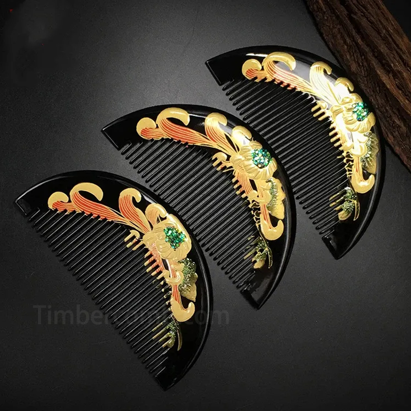 つげ櫛 コーム 木製櫛 菊蒔絵 花櫛 静電気防止 ヘアブラシ 頭皮マッサージ 塗り櫛  コンパクト 黑