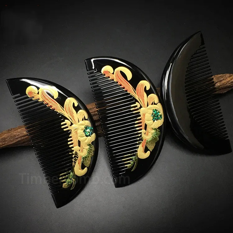 つげ櫛 コーム 木製櫛 菊蒔絵 花櫛 静電気防止 ヘアブラシ 頭皮マッサージ 塗り櫛  コンパクト 黑