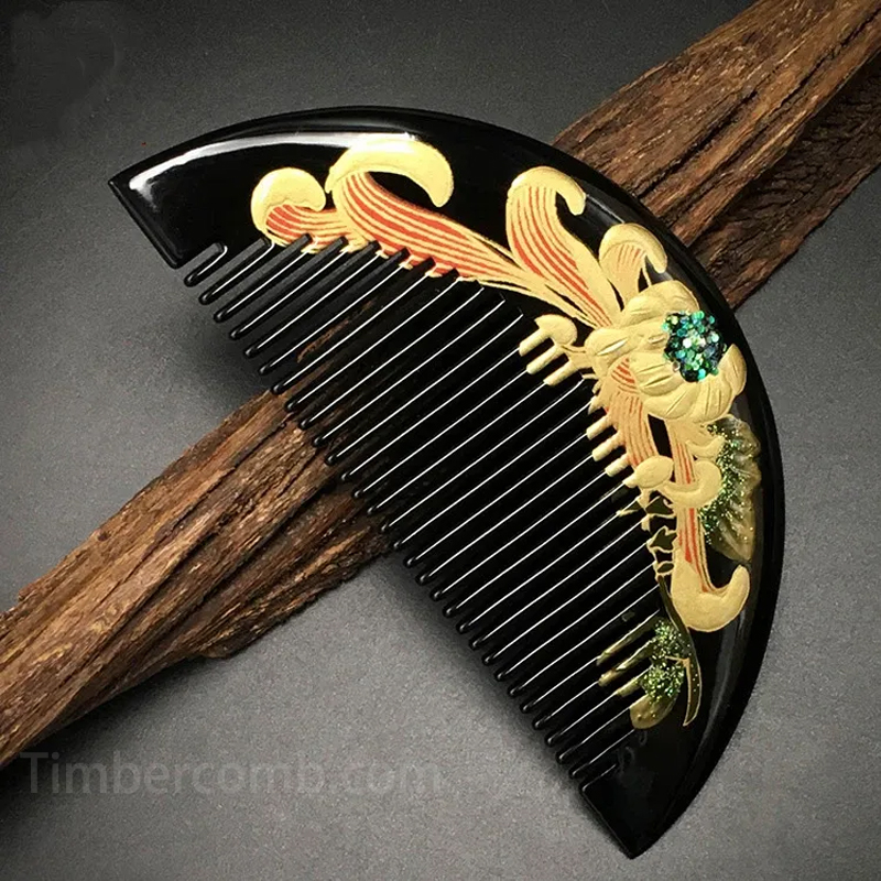 つげ櫛 コーム 木製櫛 菊蒔絵 花櫛 静電気防止 ヘアブラシ 頭皮マッサージ 塗り櫛  コンパクト 黑