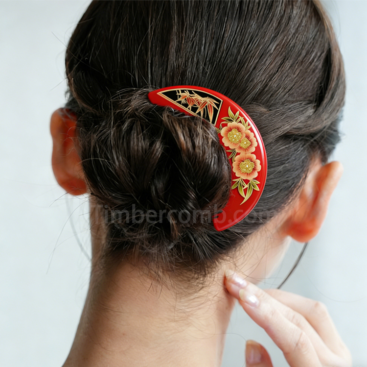 本つげ  前櫛かんざし 天然木 蒔絵塗り 花 竹 つげ櫛 コンパクト 静電気防止 和装 和服 髪飾り 成人式 振袖