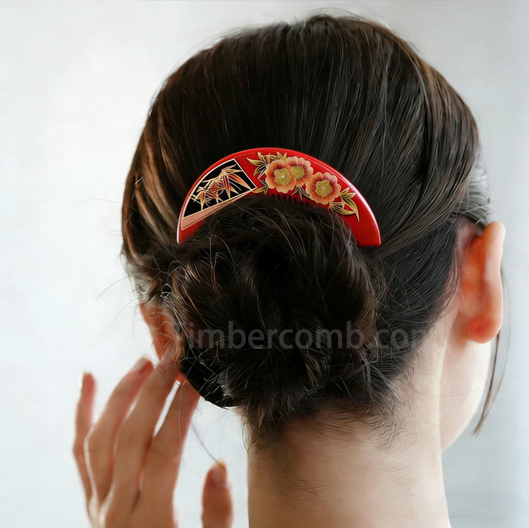 本つげ  前櫛かんざし 天然木 蒔絵塗り 花 竹 つげ櫛 コンパクト 静電気防止 和装 和服 髪飾り 成人式 振袖