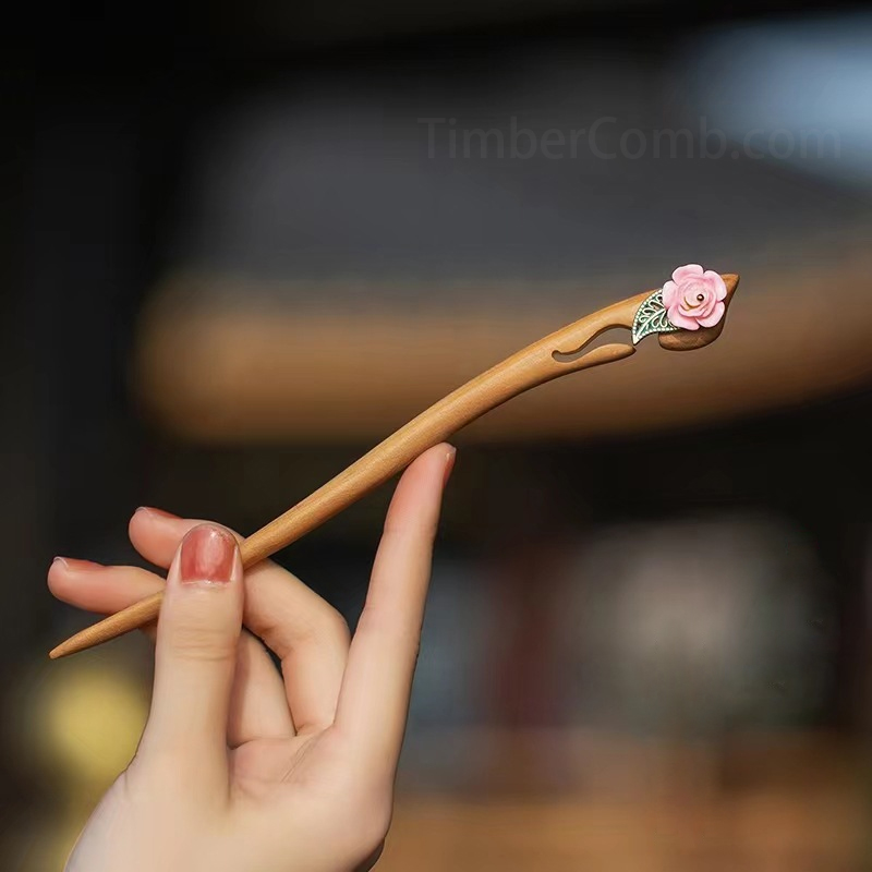 シンプルモダンなデザインの普段使い簪 桃の木製かんざし馬面スカート用 手作りヘアアクセサリー-木彫り高級人気専門店