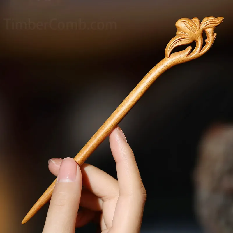 0615119 桃の木素材 薔薇彫りかんざし 約173ミリ 0615119 桃の木素材