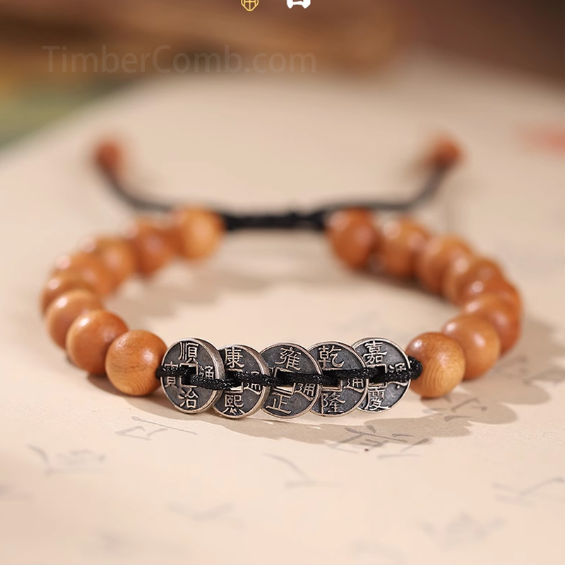 天然の野生老桃の木の数珠 男女兼用 銀の五帝銭で編んだブレスレット 生まれ年の護身用お守り カップル用の手繩