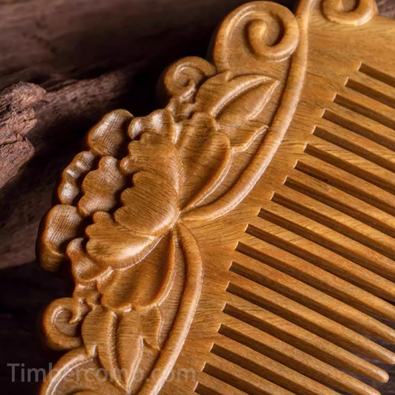 檀木櫛 ヘアブラシ 木製櫛 携帯用 くし ヘアコーム 檀木 牡丹 お守り 静電気防止 頭皮マッサージ