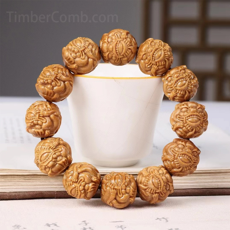 天然黄金檀木の手彫り招財ピシュウブレスレット｜金運・開運｜天然木彫刻ユニセックスアクセサリー-木彫り高級人気専門店