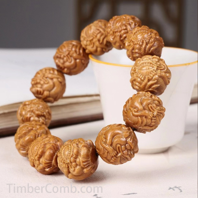 天然黄金檀木の手彫り招財ピシュウブレスレット｜金運・開運｜天然木彫刻ユニセックスアクセサリー-木彫り高級人気専門店