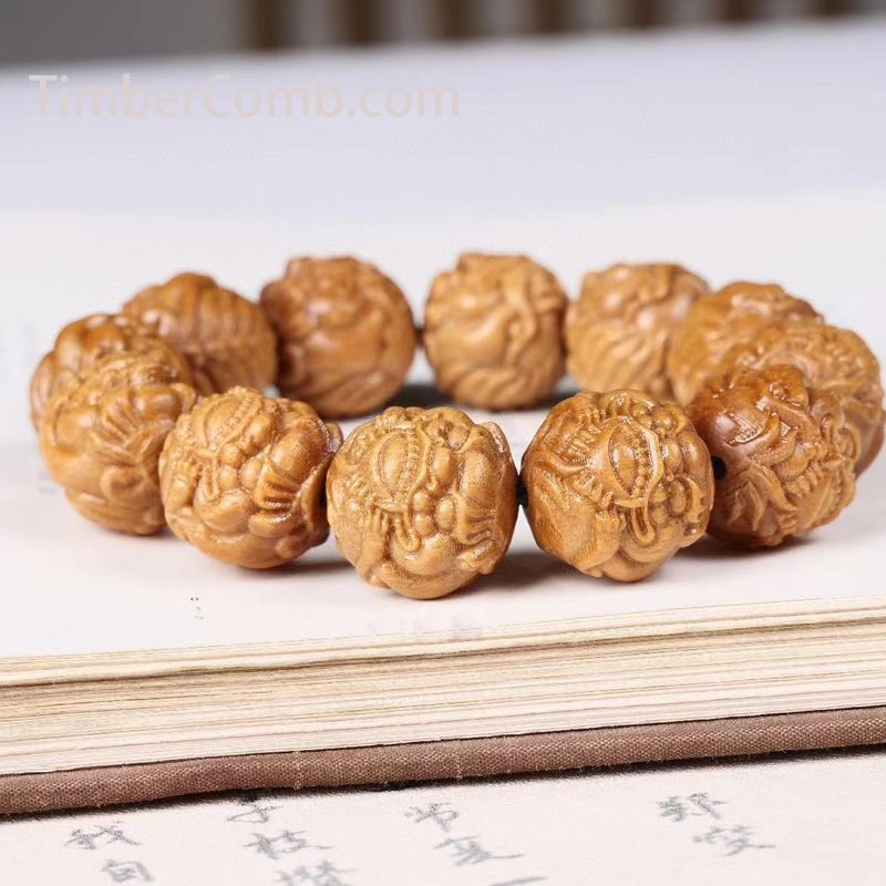 天然黄金檀木の手彫り招財ピシュウブレスレット｜金運・開運｜天然木彫刻ユニセックスアクセサリー-木彫り高級人気専門店