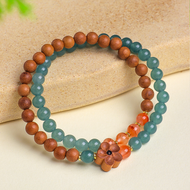 桃木ブレスレット 天然木 天然石 水晶 2連数珠 メンズレディース 腕輪ブレスレット 魔除け 御守り 桃木花 ファッション カジュアル