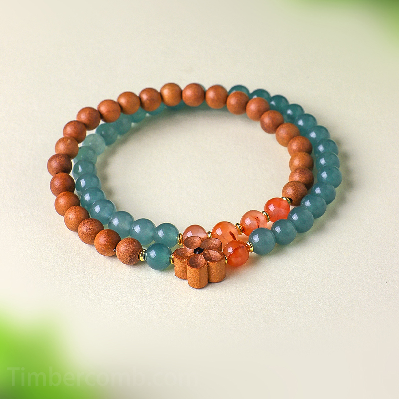 桃木ブレスレット 天然木 天然石 水晶 2連数珠 メンズレディース 腕輪ブレスレット 魔除け 御守り 桃木花 ファッション カジュアル