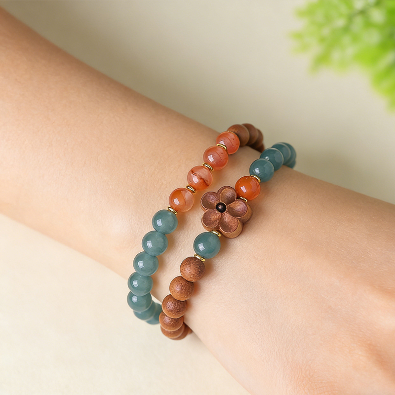 桃木ブレスレット 天然木 天然石 水晶 2連数珠 メンズレディース 腕輪ブレスレット 魔除け 御守り 桃木花 ファッション カジュアル