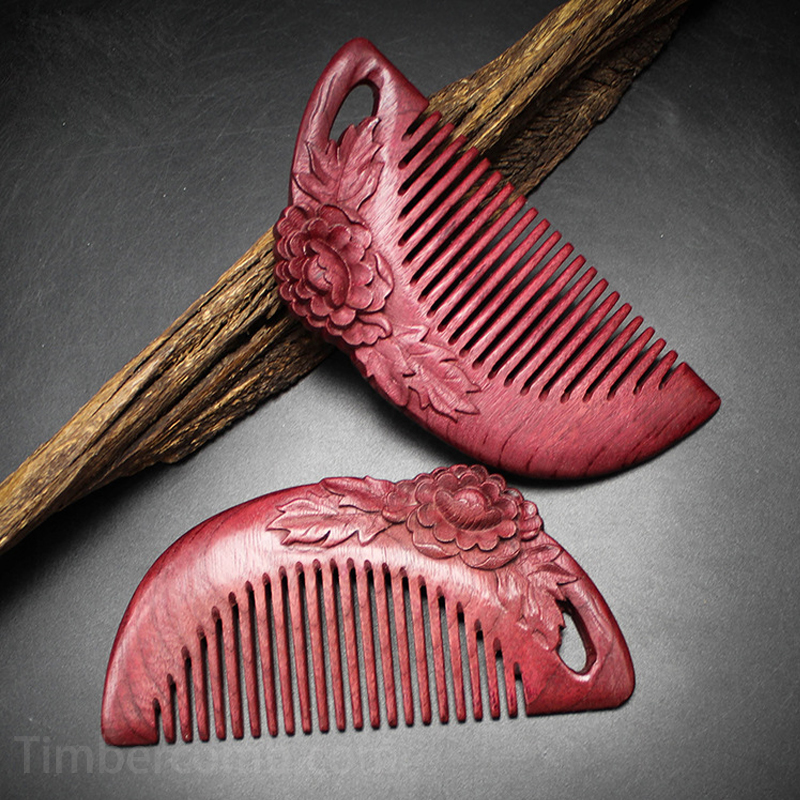 紫檀木櫛 ヘアコーム 天然木 牡丹彫刻 木製櫛 コンパクト 携帯便利 静電気防止 頭皮マッサージ 天然木製 外出先のヘアケアに最適