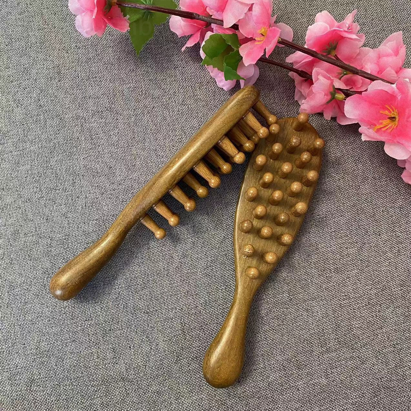緑檀木製の製 頭皮経絡マッサージブラシ リング付き梳き櫛 血行促進＆リフトアップ、頭皮エステ＆頭療法に最適。