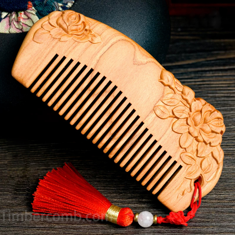 桃の櫛 コーム 人気の櫛 バラ 両面彫刻 お守り 静電気防止 かっさ 血行促進 美髪 頭皮マッサージ