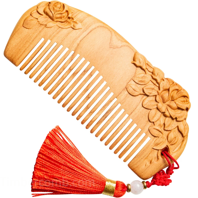 桃の櫛 コーム 人気の櫛 バラ 両面彫刻 お守り 静電気防止 かっさ 血行促進 美髪 頭皮マッサージ