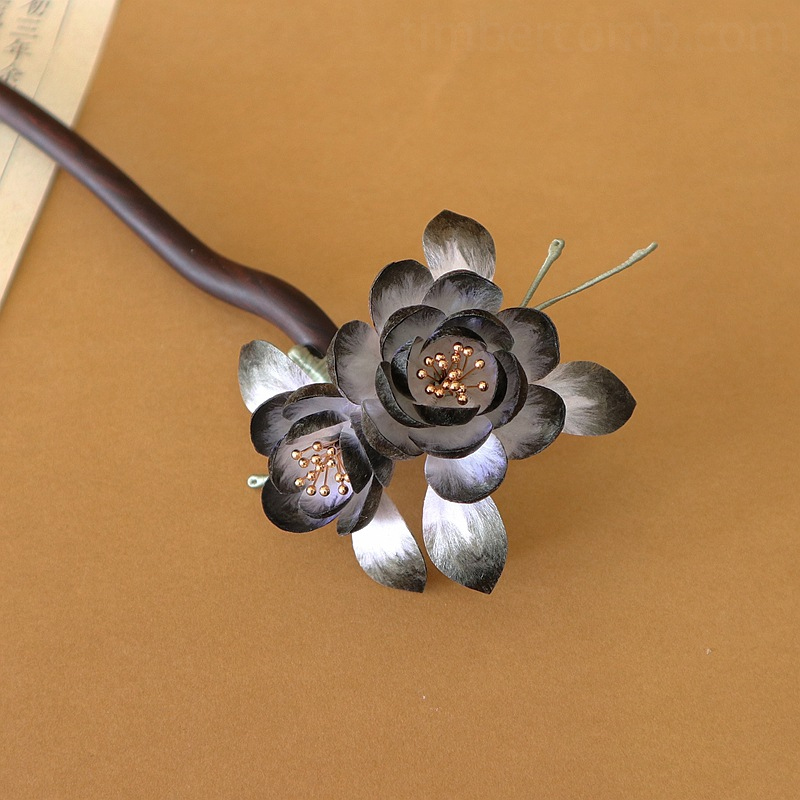 新しい手工芸の非遺産 絹糸フラワー黒檀のかんざし 和服とチャイナドレスのアクセサリー 古典風ヘアアクセサリー