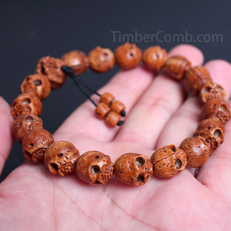 特選腕輪念珠 木玉ブレス 骸骨彫り(髑髏彫り) 桃の核 12mm玉 内周約16.5cm◆数珠ブレスレット・お守り・スカル・念珠ブレスレット・腕輪数珠